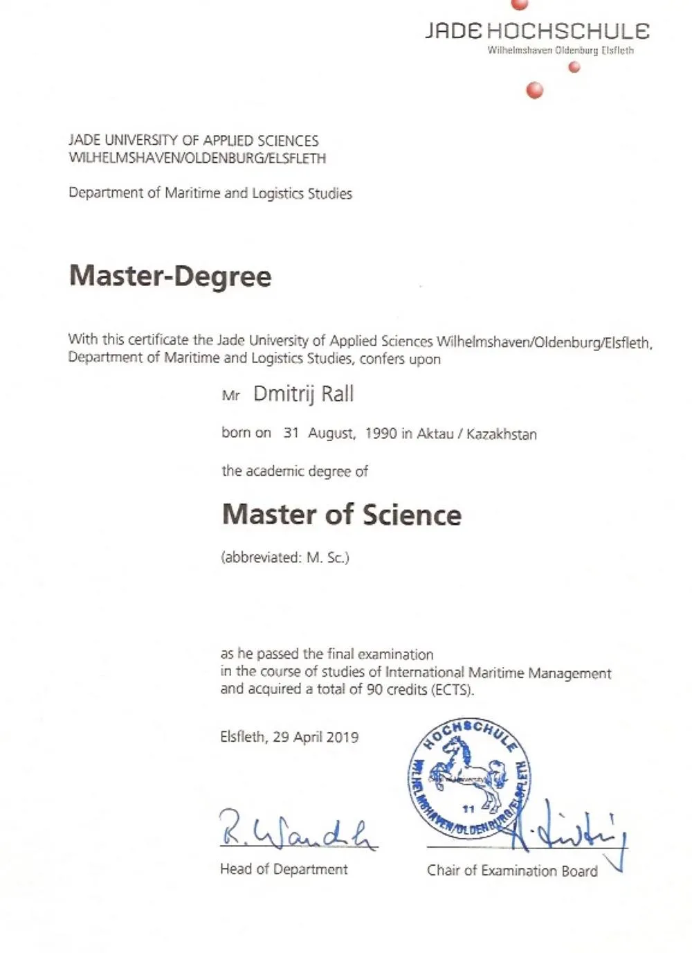 Диплом Master of Science (M. Sc.)