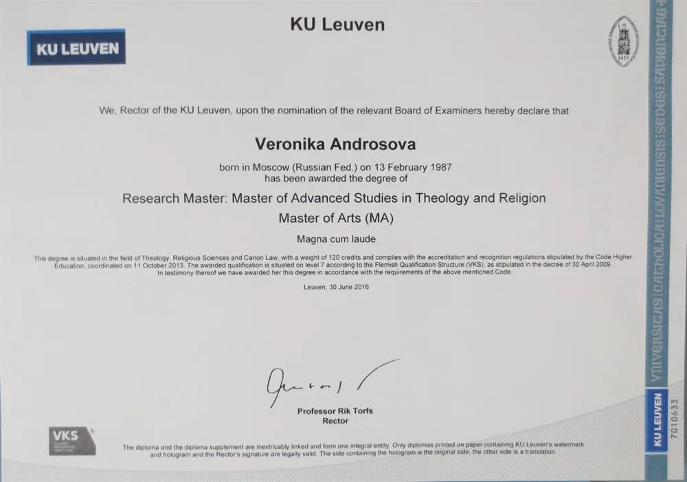 Master in Theology of Leuven University (Belgium, 2016)