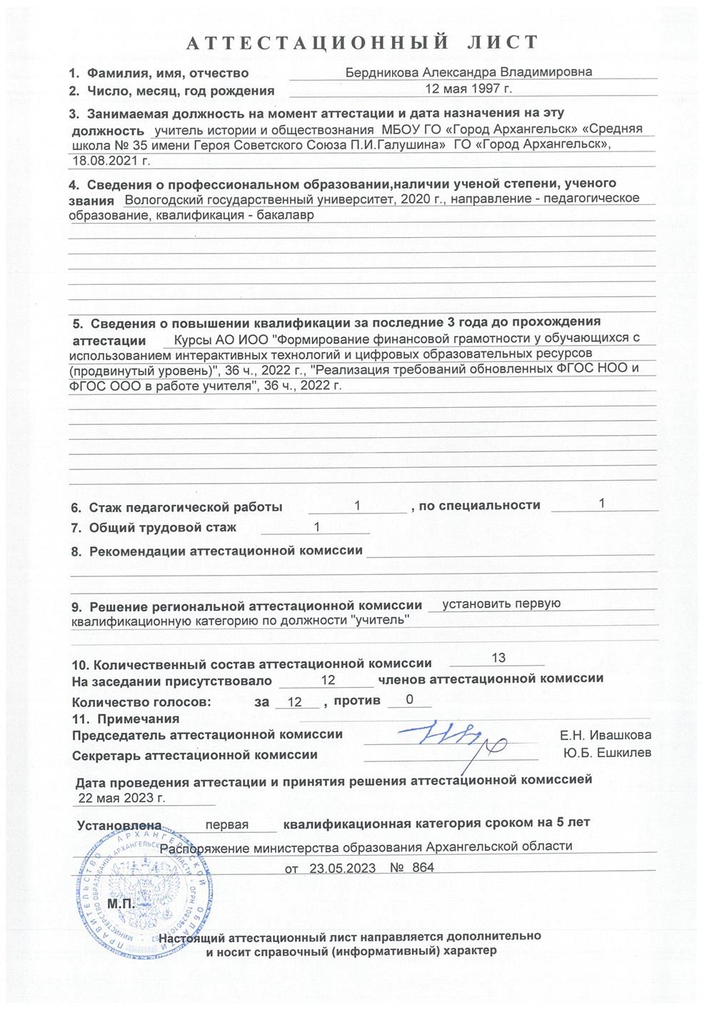 Аттестационный лист