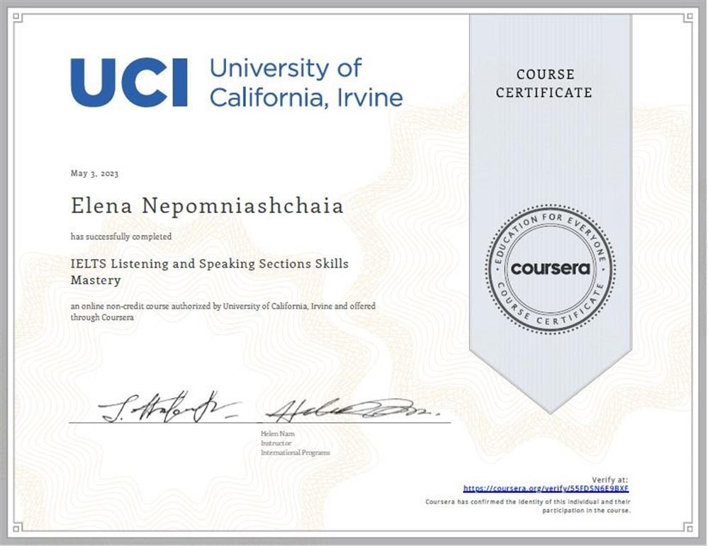 IELTS Listening and Speaking Sections Skills Mastery, University of California, Irvine, May, 2023