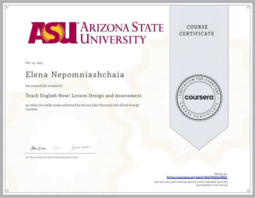 Arizona State University, “Teach English now! Lesson Design and Assessment.”