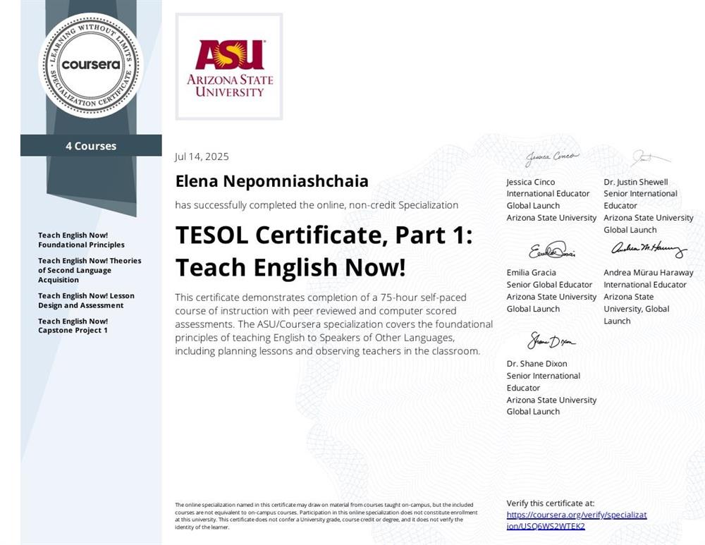 Arizona State University. TESOL Certificate, Part 1: Teach English Now!