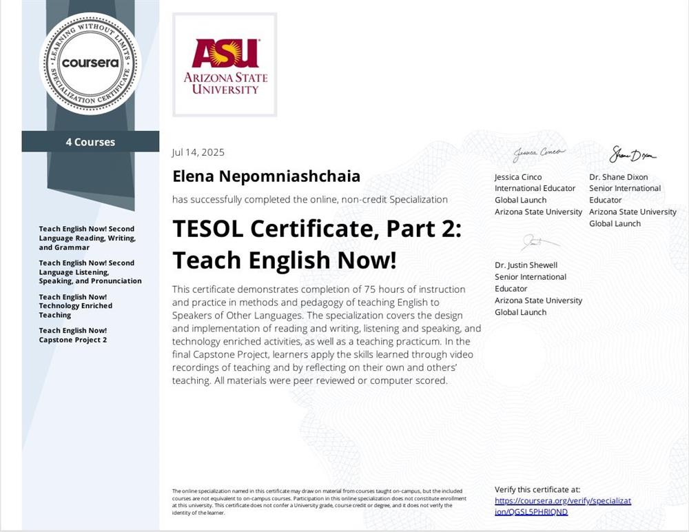 Arizona State University. TESOL Certificate, Part 2: Teach English Now!