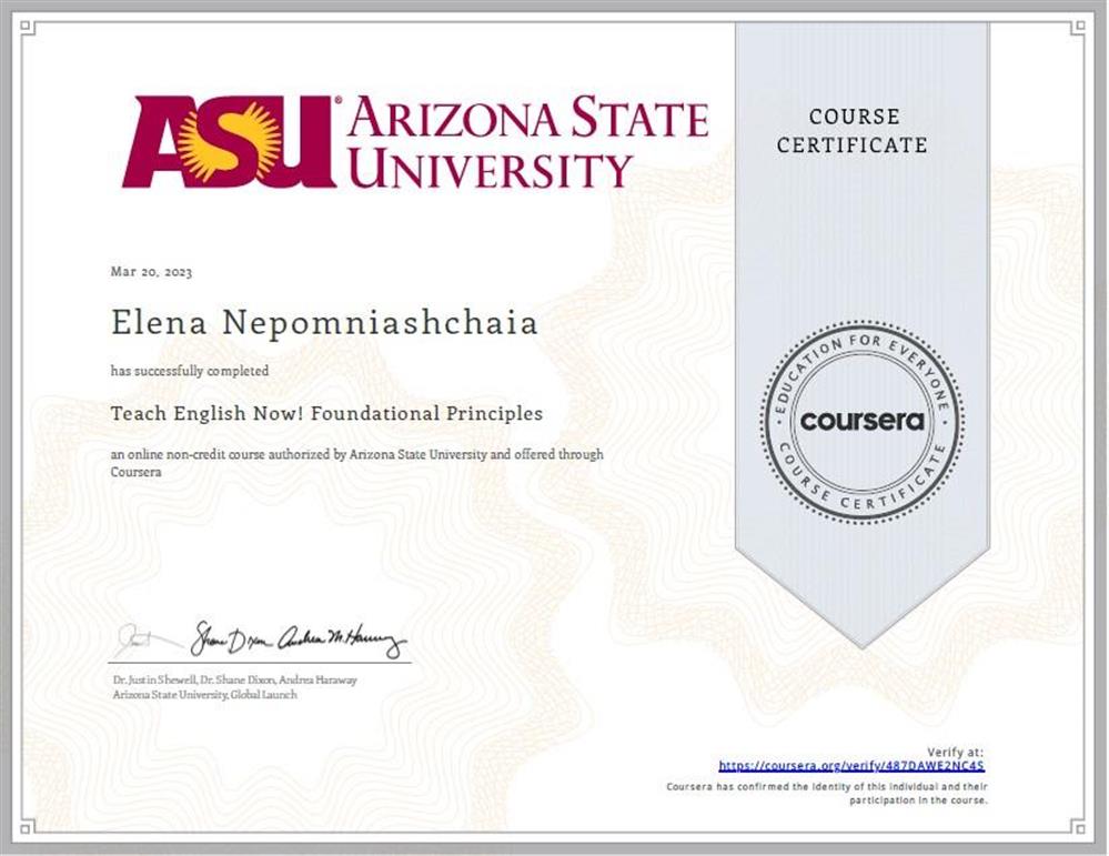 ‘Teach English now! Fundamental principles’ (Arizona State University), March 2023