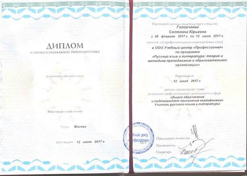 Диплом. Учитель русского языка и литературы