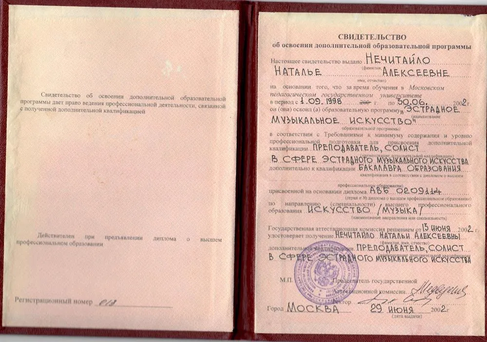Свидетельство об освоении дополнительной программы 