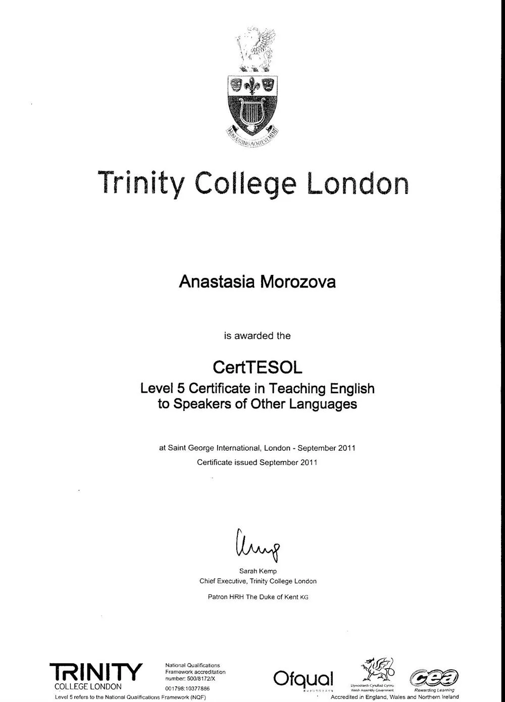 Сертификат Trinity TESOL