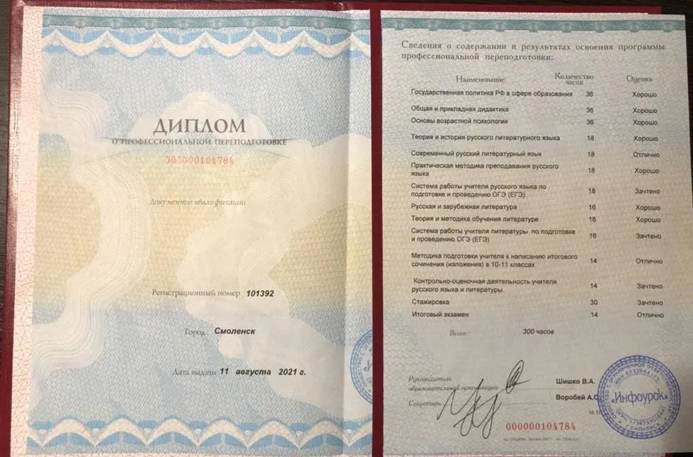 ИНФОУРОК Диплом о профессиональной переподготовке