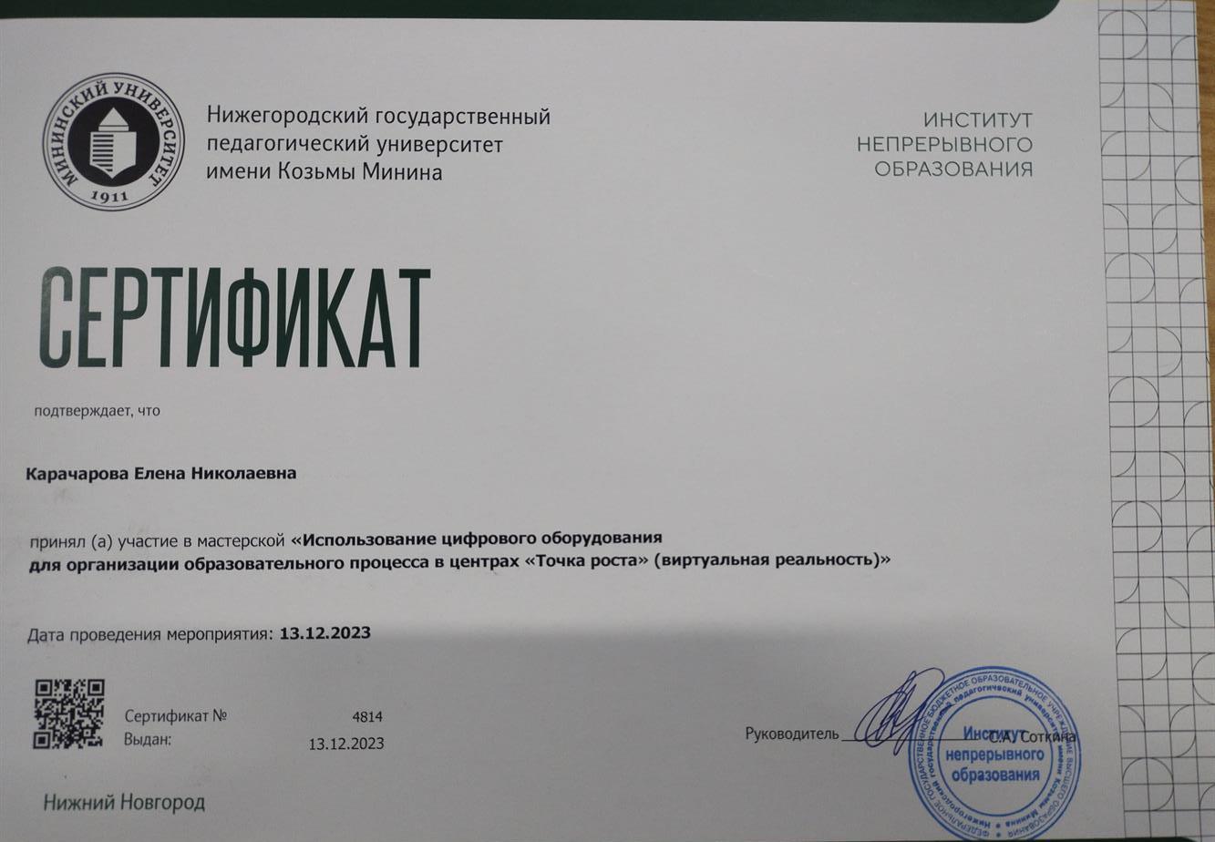 Сертификат. Использование цифрового оборудования для организации образовательного процесса 
