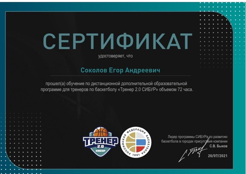 Сертификат прохождения онлайн курса "Тренер 2.0"