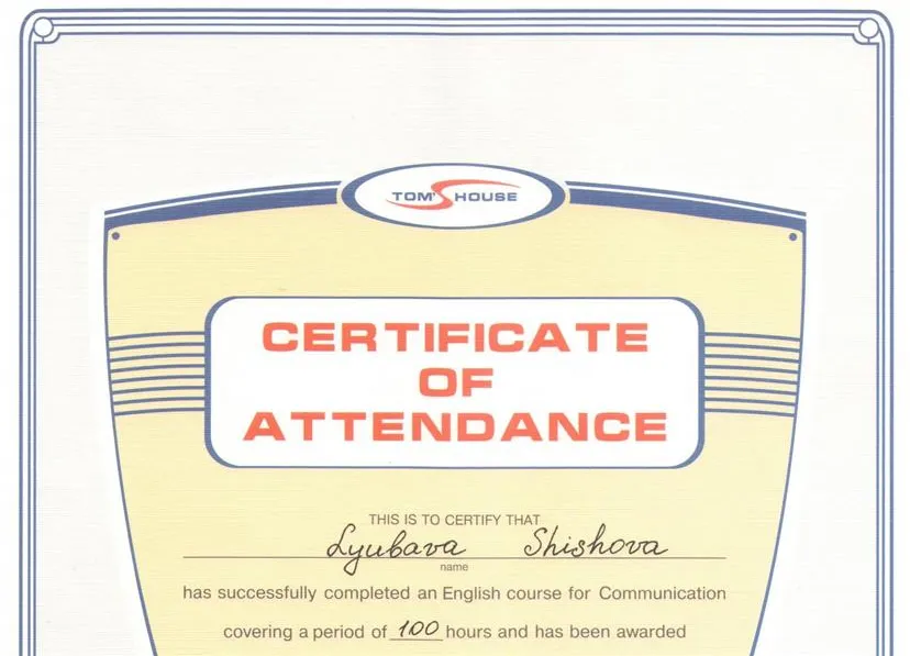Certificate of Attendance Tom's House