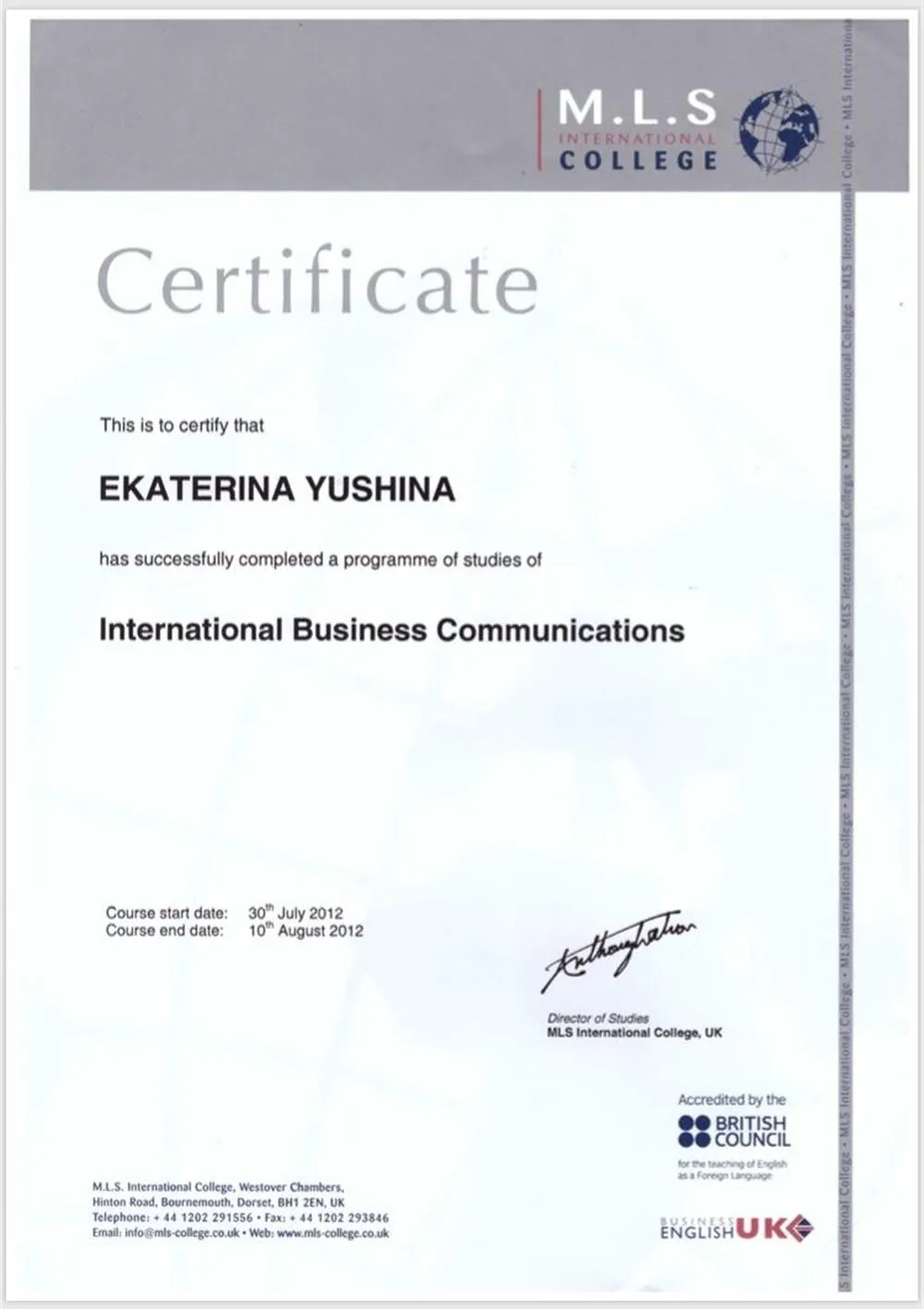 ENGLAND BOURNEMOUTH ADVANCED BUSINESS ENGLISH 