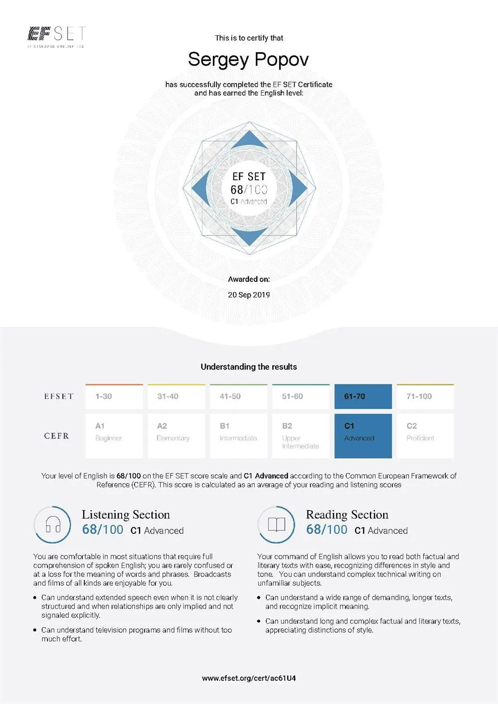 EF SET Certificate