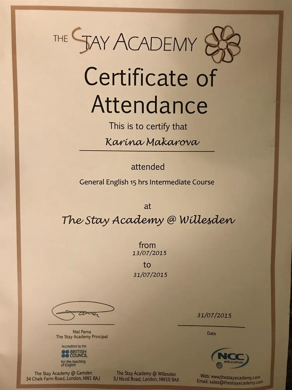 The Stay Academy Certificate of Attendance 