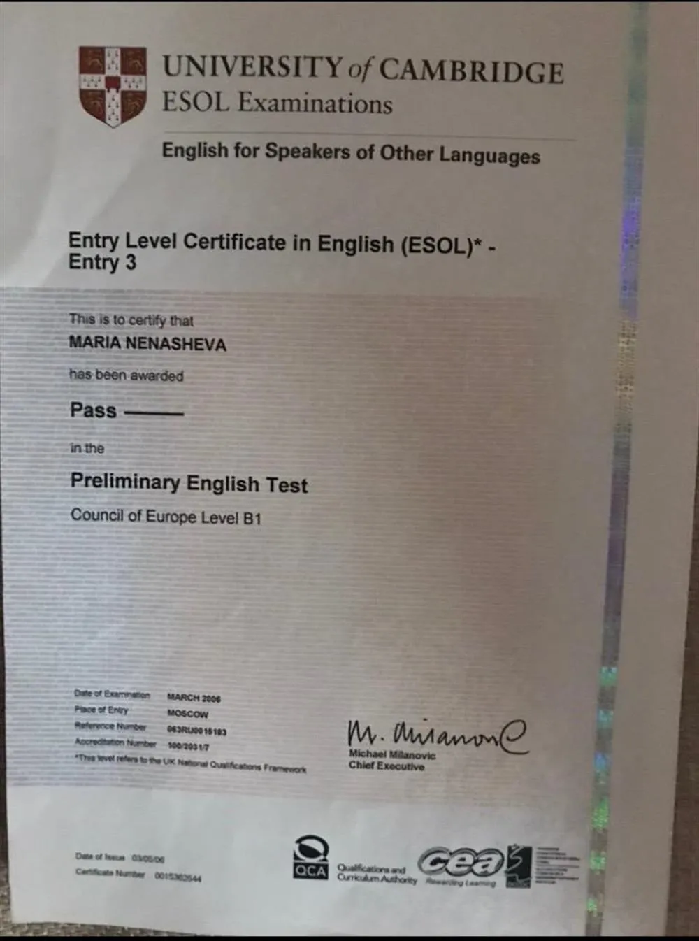 Entry Level Certificate in English (ESOL)