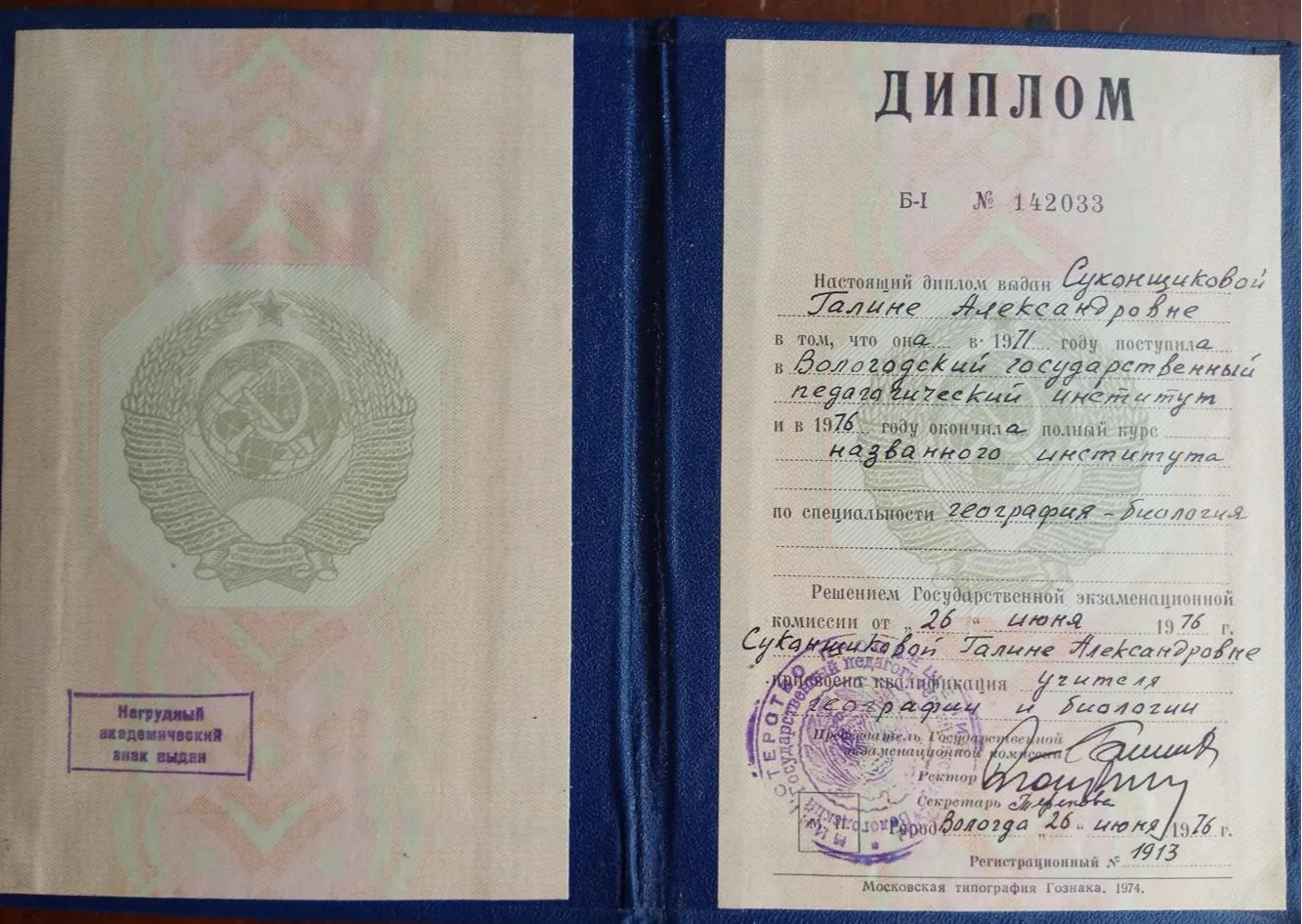 Диплом об окончании ВГПИ