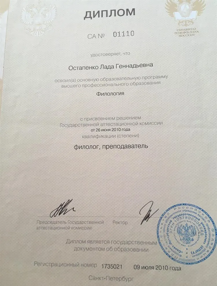 Диплом Санкт-Петербургского Государственного Университета 