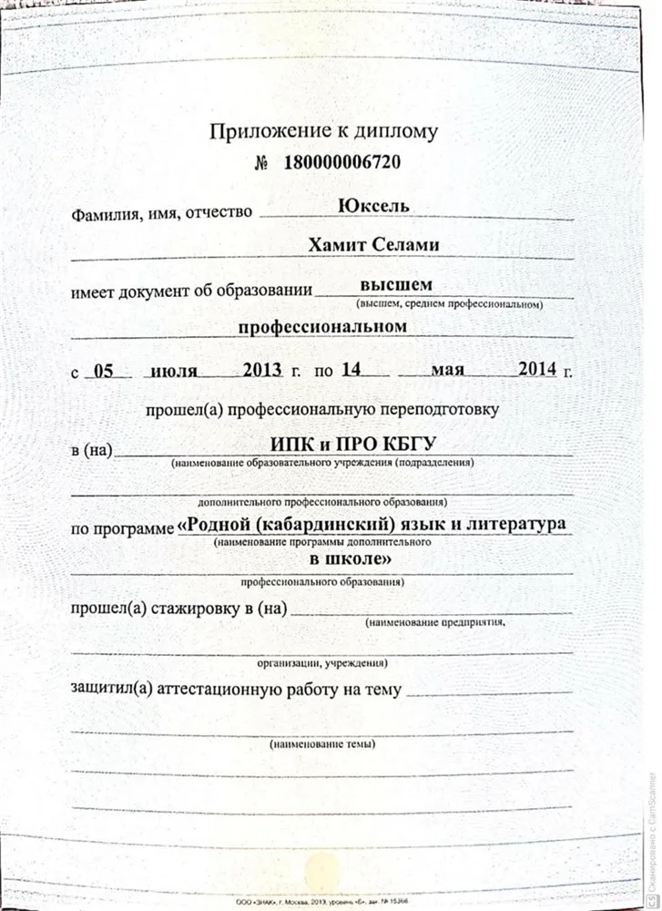 Приложение  к диплому о профессиональной переподготовке
