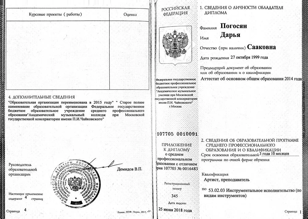 Диплом с отличием. АМУ при МГК им. П. И. Чайковского 