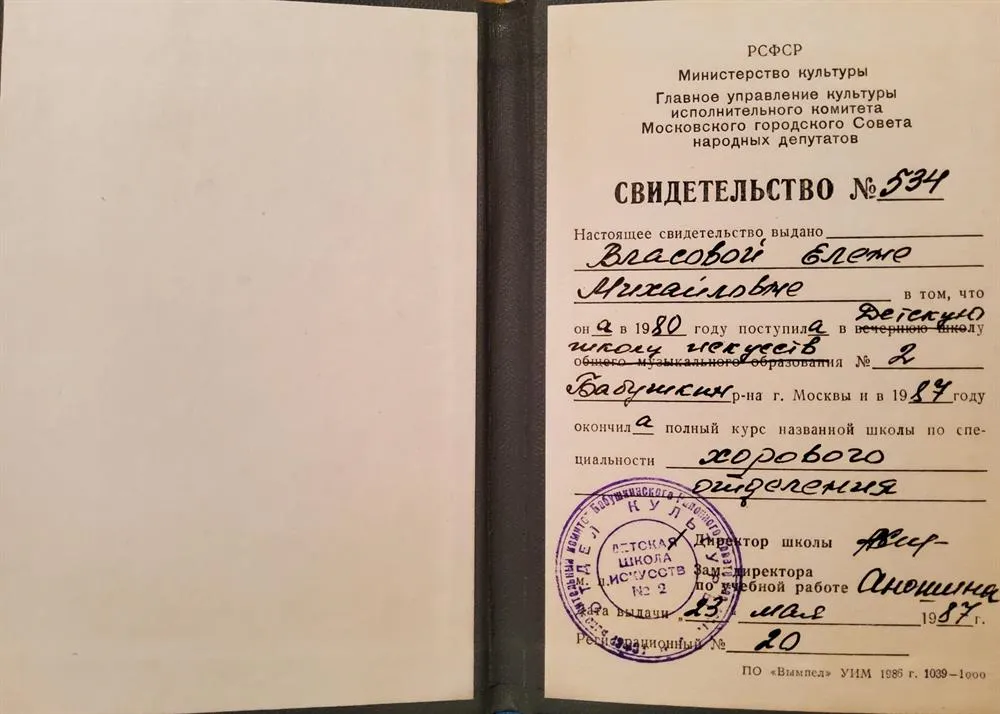 Свидетельство ДШИ № 2 г.Москвы