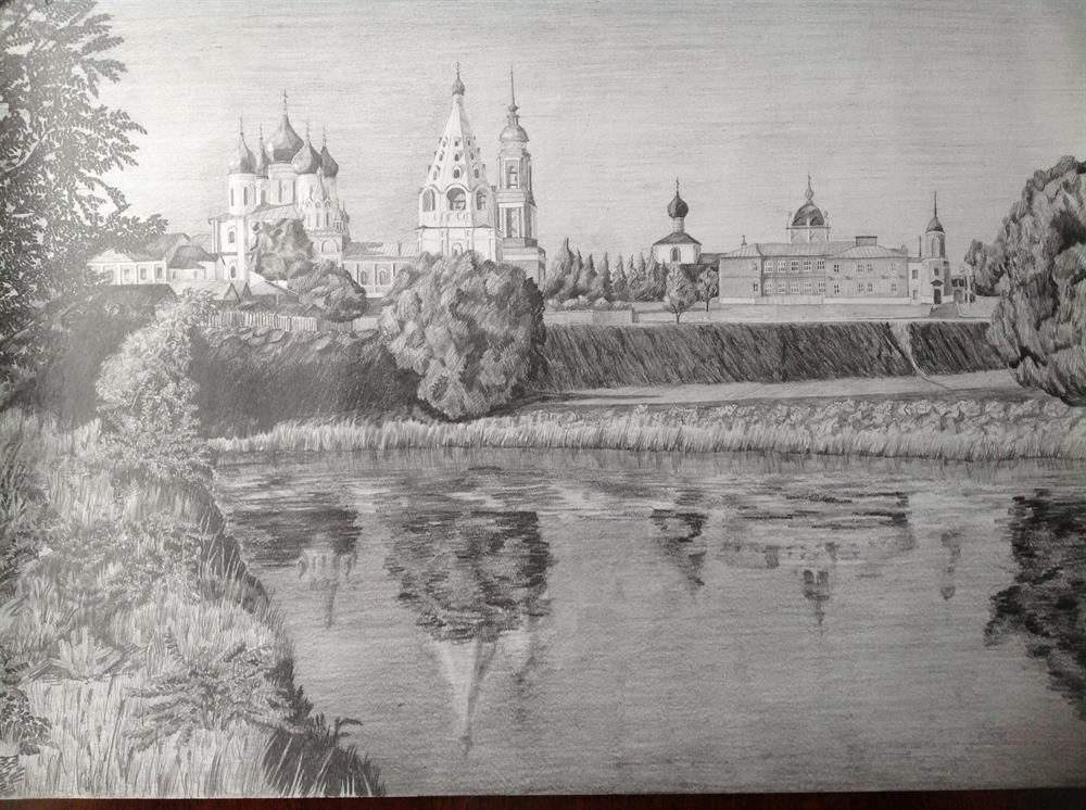 Рисунок карандашом "Вид на старую Коломну со стороны Москвы-реки", формат А2, 2017 г