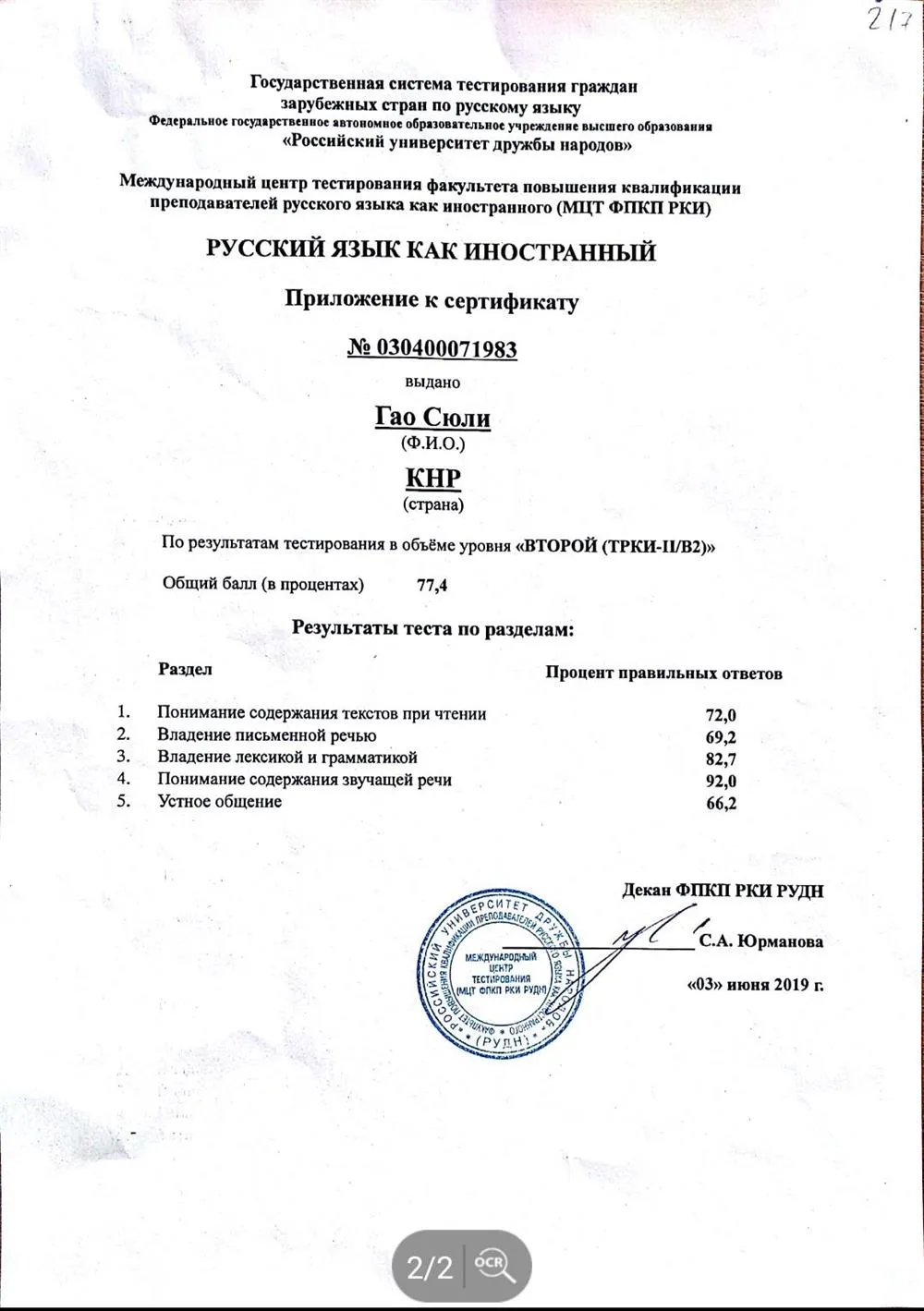Приложение к сертификату