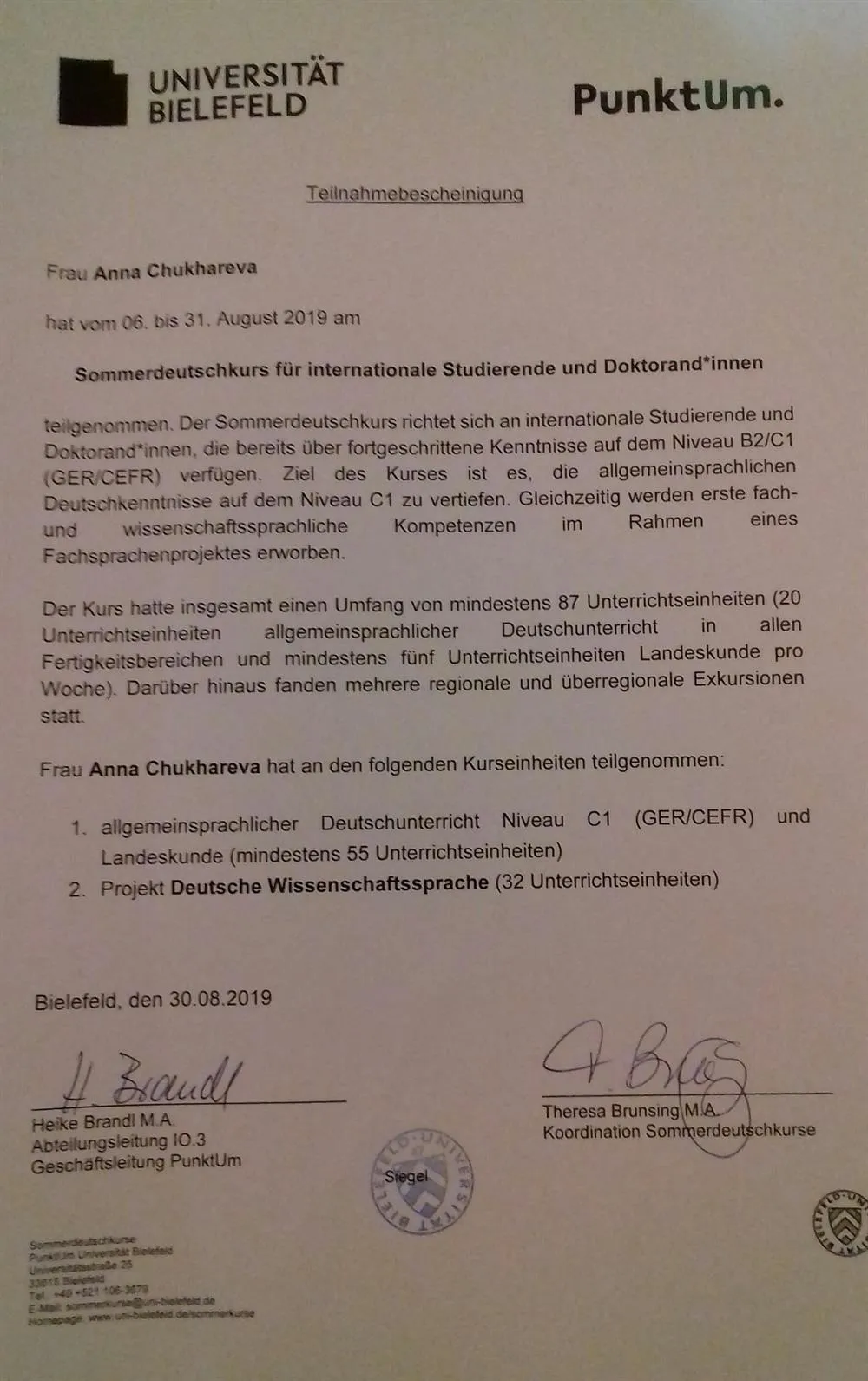 Teilnahmebestatigung, Kurs "Deutsche Wissenschaftssprache", Bielefeld, Deutschland, 2019