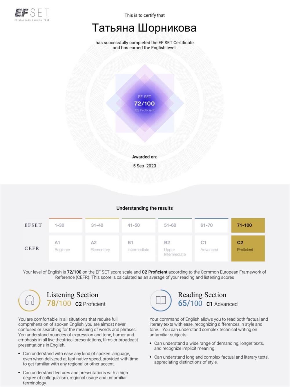 EF SET certificate 