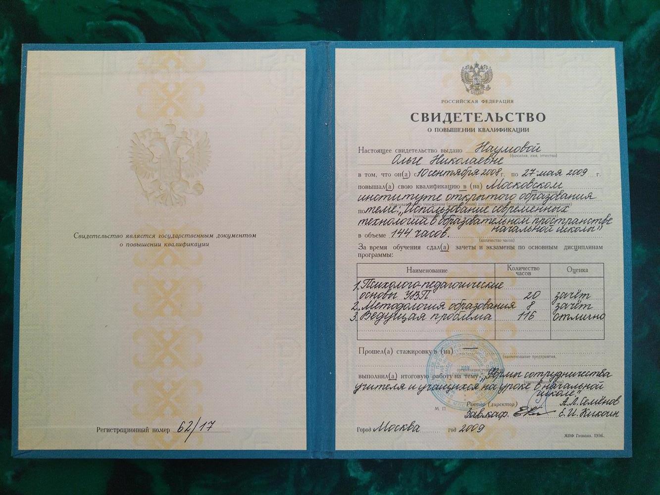 Свидетельство о повышении квалификации. 
