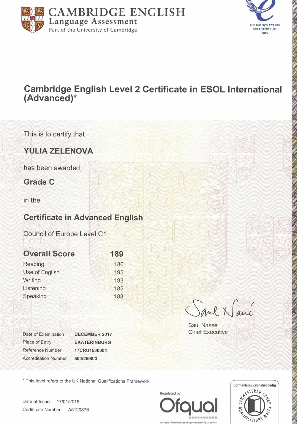 Certificate of Advanced English