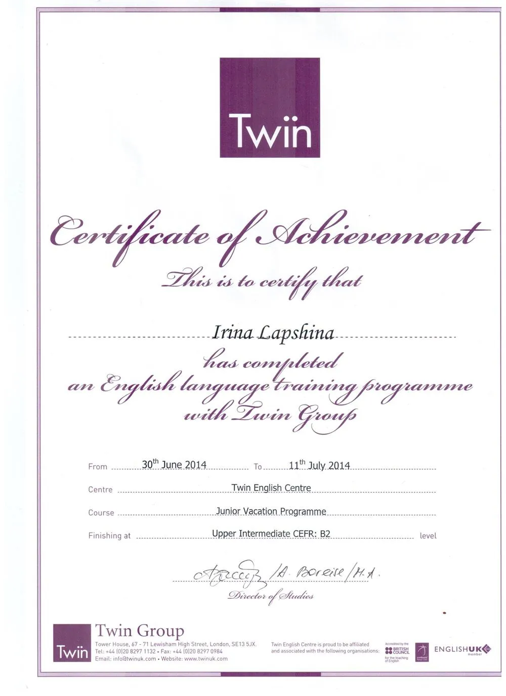B2 Certificate (2014)