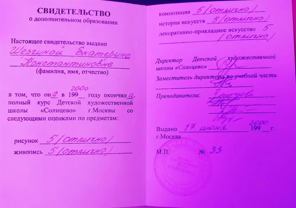 Свидетельство о том, что я закончила Детскую Художественную школу "Солнцево"
