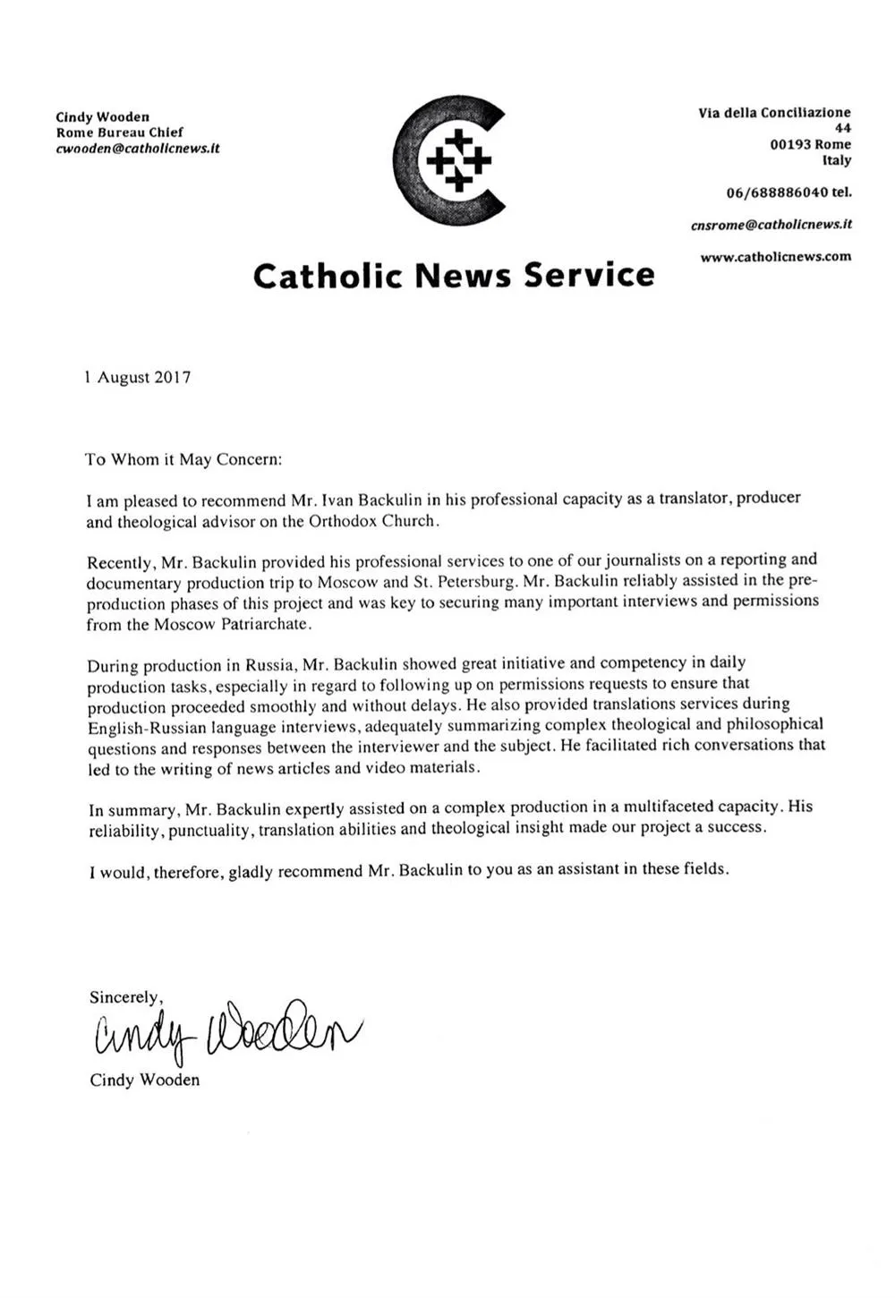 Отзыв о работе от Catholic News Service