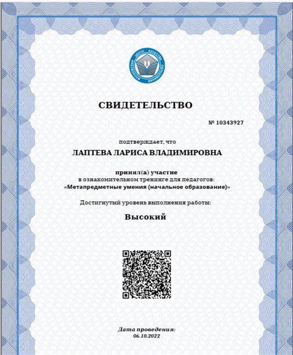 "Свидетельство "Метапредметные умения"
