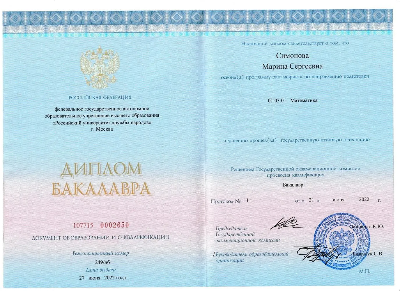Диплом бакалавра, специальность математика