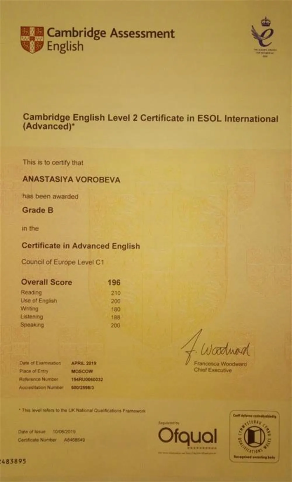 CAE Cambridge English Level 2 Certificate in ESOL International (Advanced)