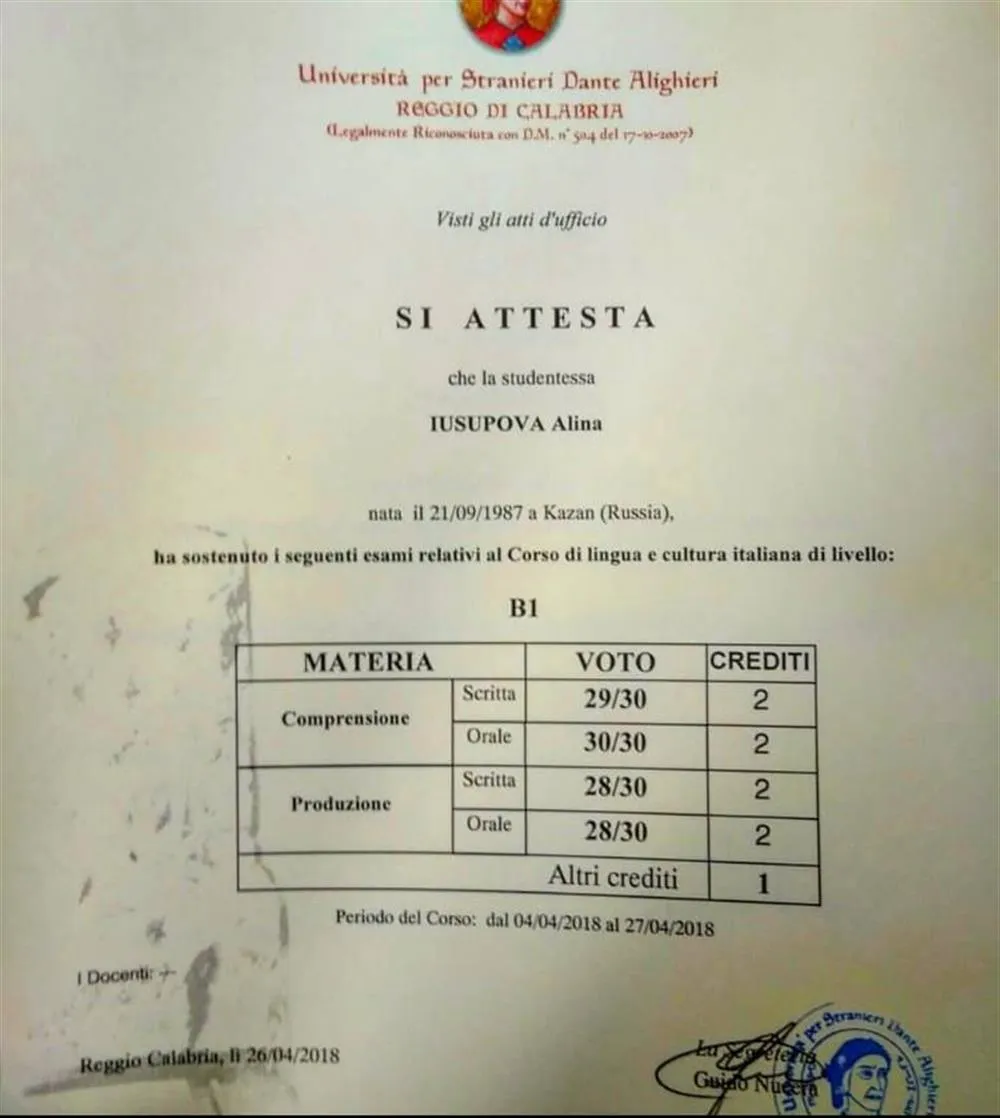 Certificato dell’Universita’ per stranieri Dante Alighieri