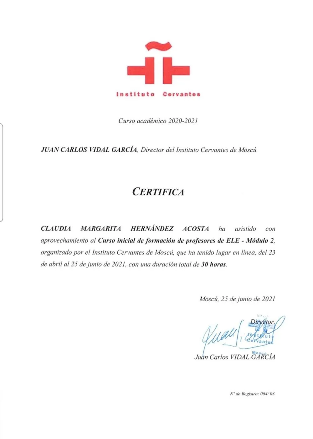 Диплом курса для преподавателей Института Сервантеса