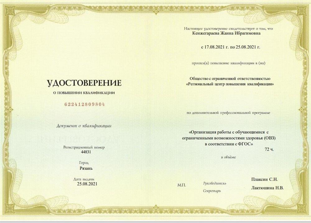 Удостоверение. Организация работы с обучающимися с ОВЗ