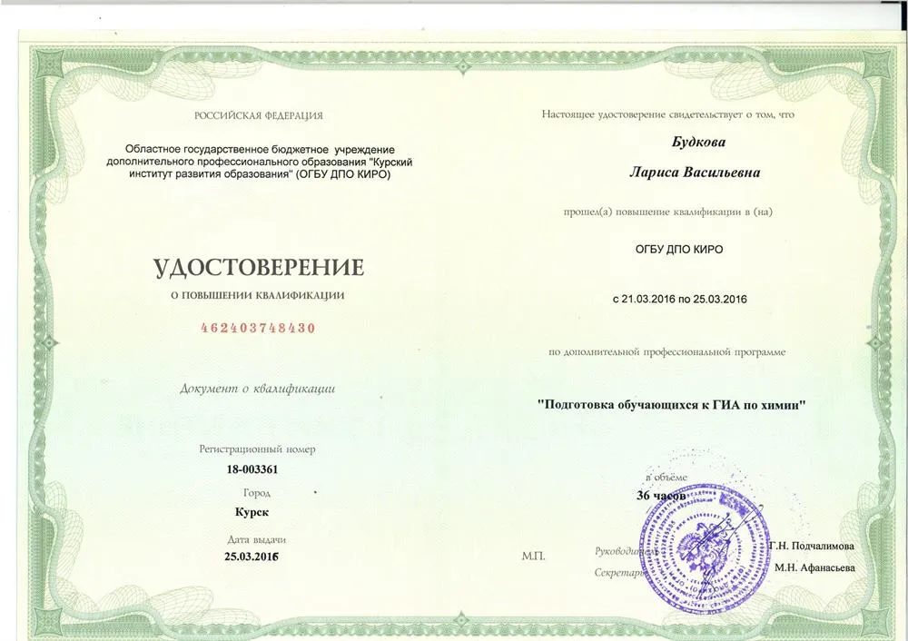 Удостоверение о повышении квалификации - подготовка к ГИА