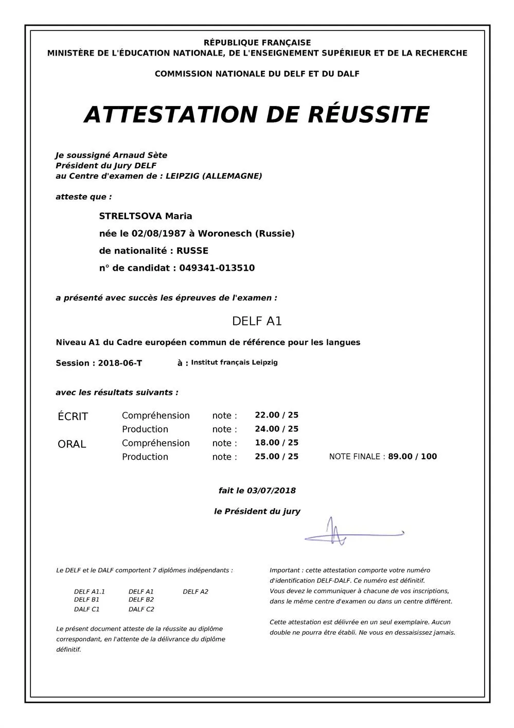 DELF A1 сертификат моей ученицы