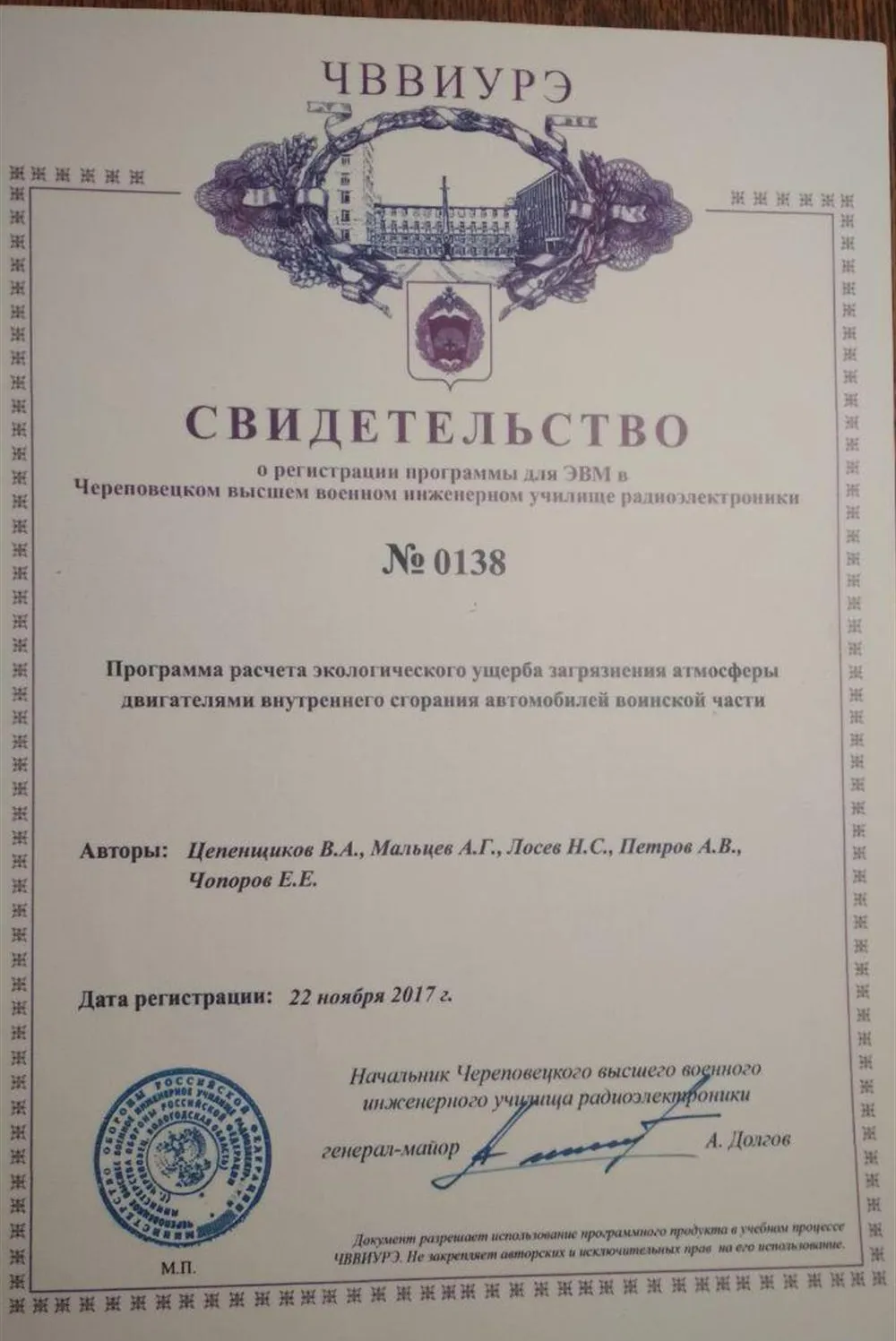 Свидетельство регистрации ПО