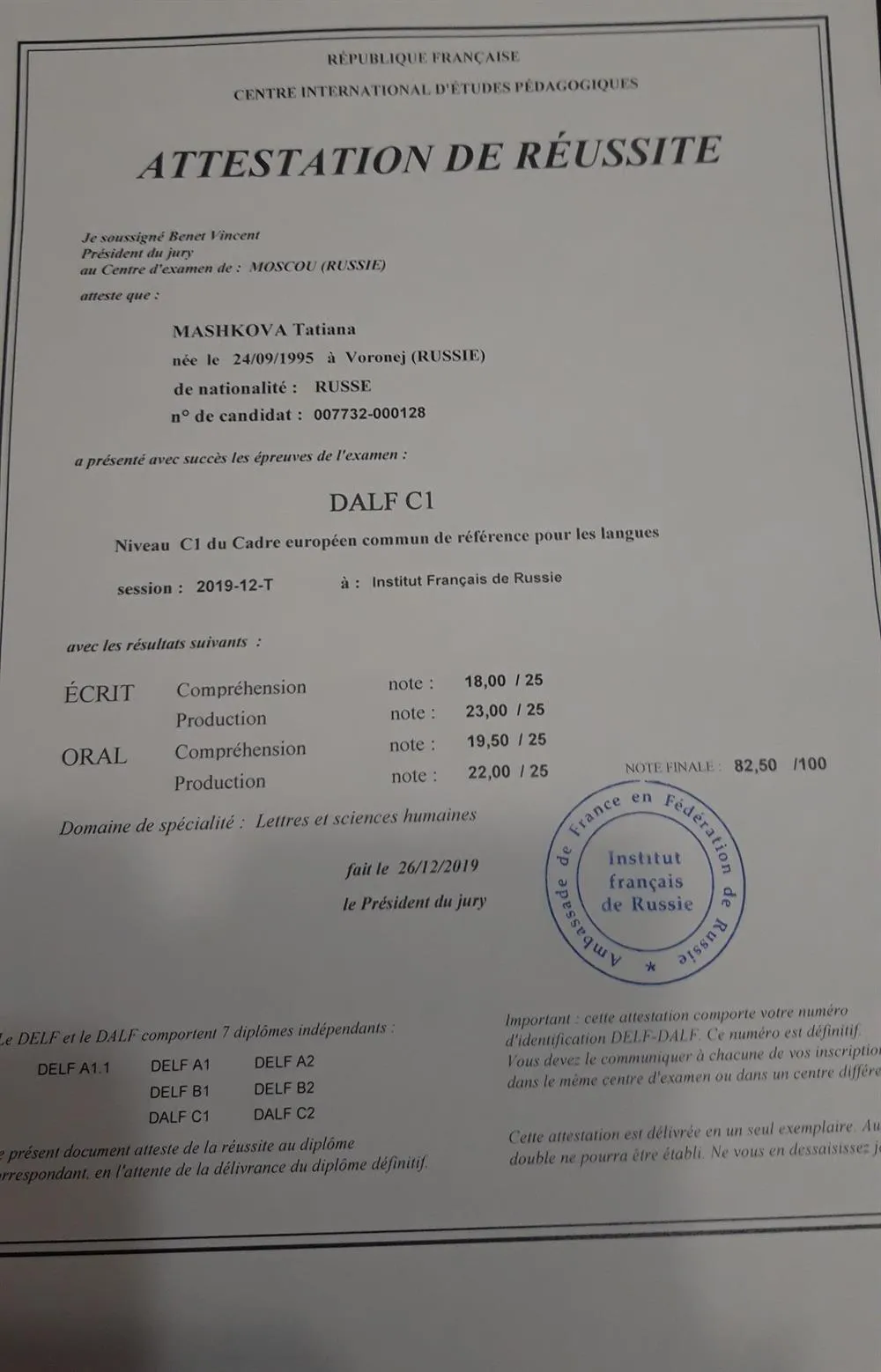 Диплом DALF C1