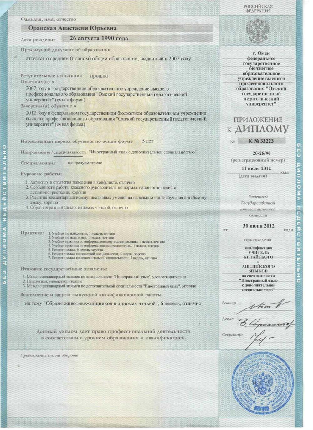 Приложение к диплому №1