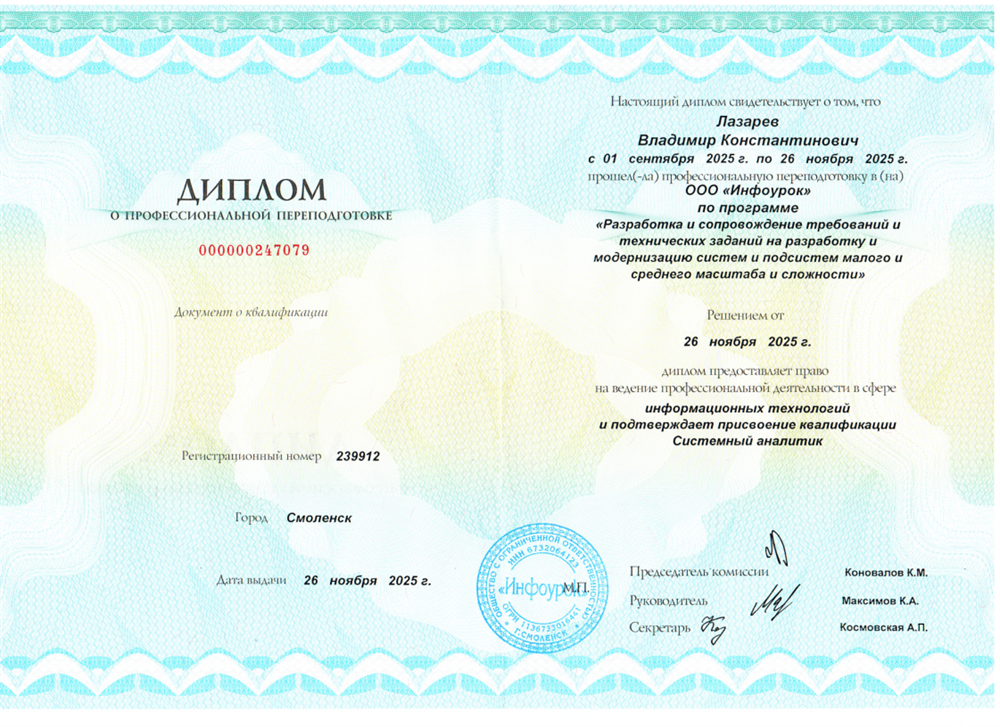 Диплом о профессиональной переподготовке на системного аналитика