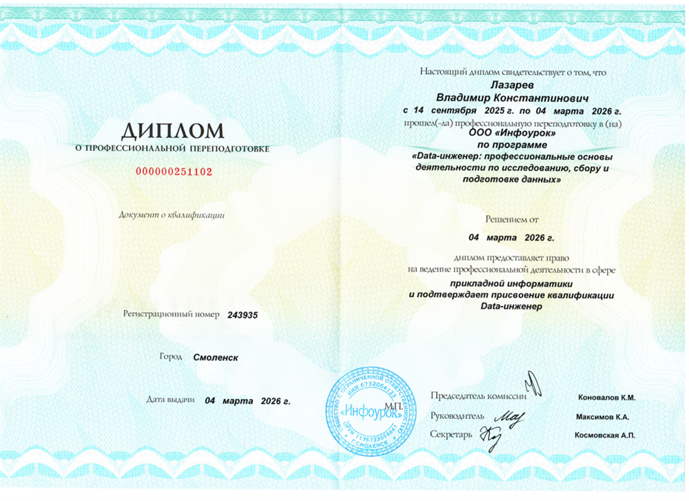 Диплом о профессиональной переподготовке на Data-инженера