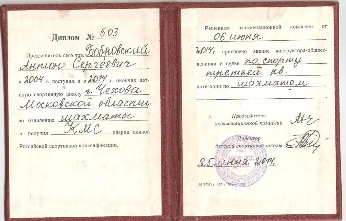 Диплом спортивной школы: КМС по шахматам, судья и инструктор 3 квалификации