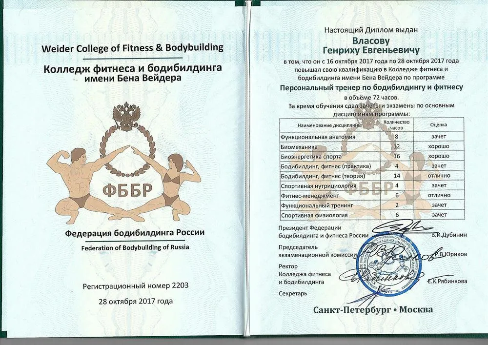 Повышение квалификации по программе "Персональныей тренер по бодибилдингу и фитнесу"