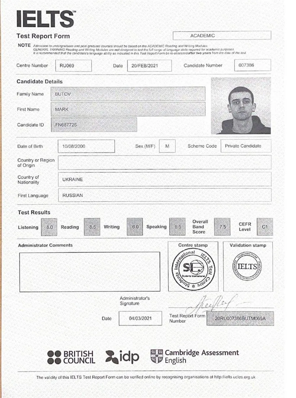 IELTS certificate