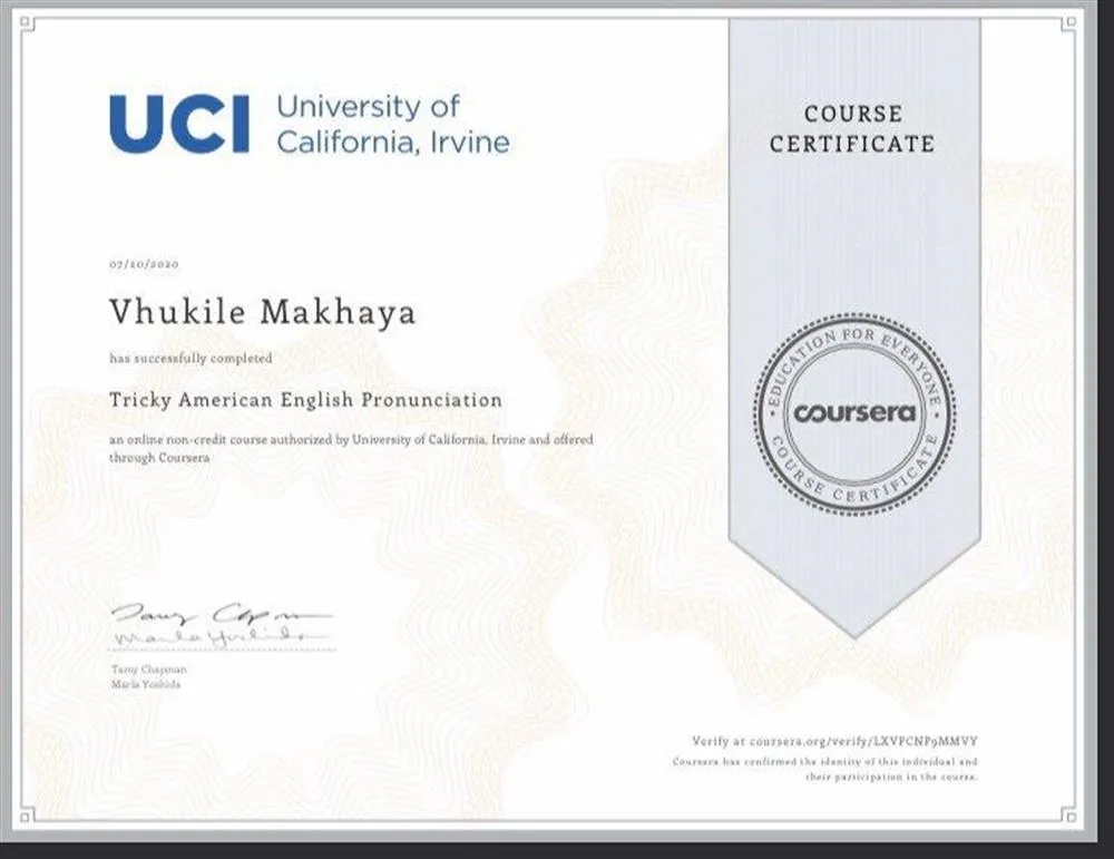 Сертификат американского произношения (Tricky American English Pronunciation, University of California, Irvine, USA)